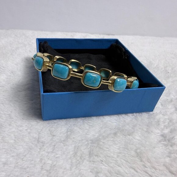 Blue Kingman Turquoise Bangle Bracelet 18k Gold Over Silver JTV Vintage 8" Jewel - Picture 3 of 10